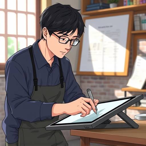 アニメーター、佐藤健太さんの作業風景。デジタルペンタブレットに向かっている様子。