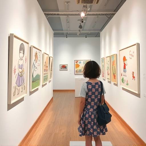 イラストレーター、鈴木美咲さんの作品展示風景。ギャラリーで自身のイラストを紹介している様子。