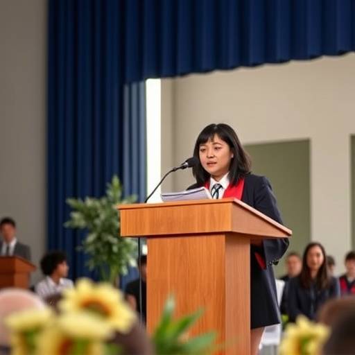 入学式で新入生代表がスピーチをしている様子。