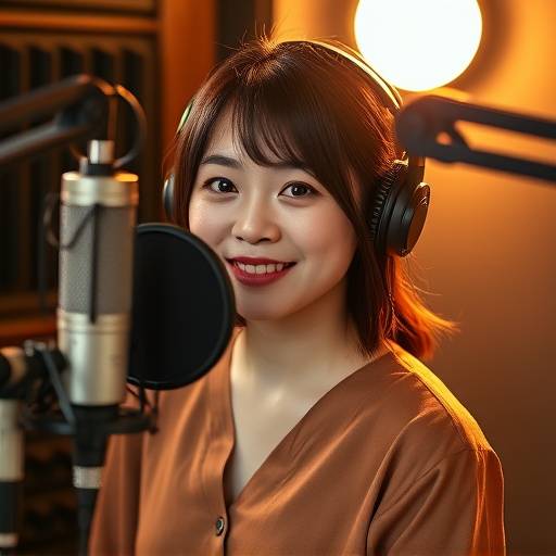 卒業生の声優、山田花子さんのポートレート。スタジオでマイクに向かっている様子。